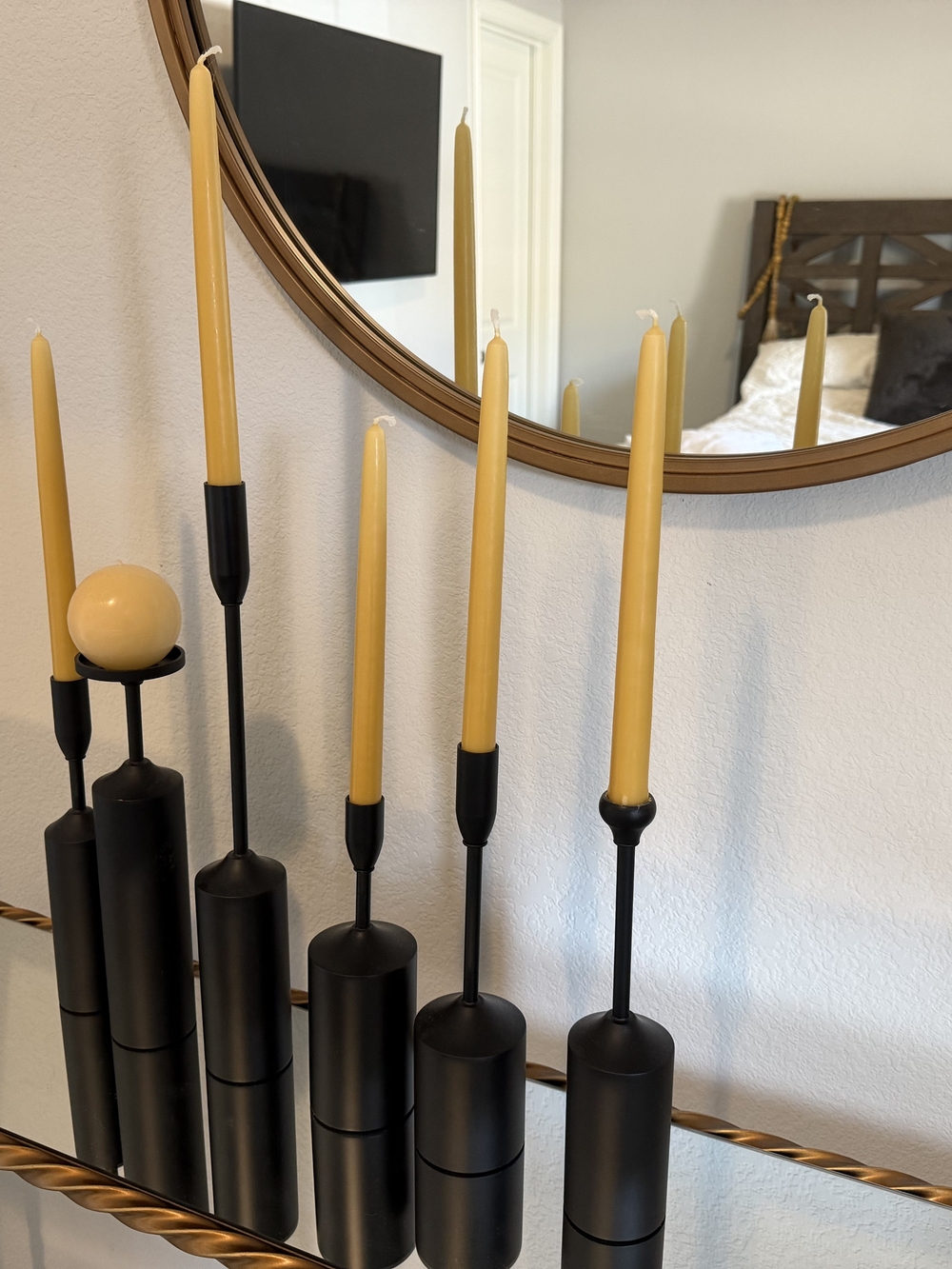 Modern Black Metal Candleholder Set with Mustard Yellow Tapers